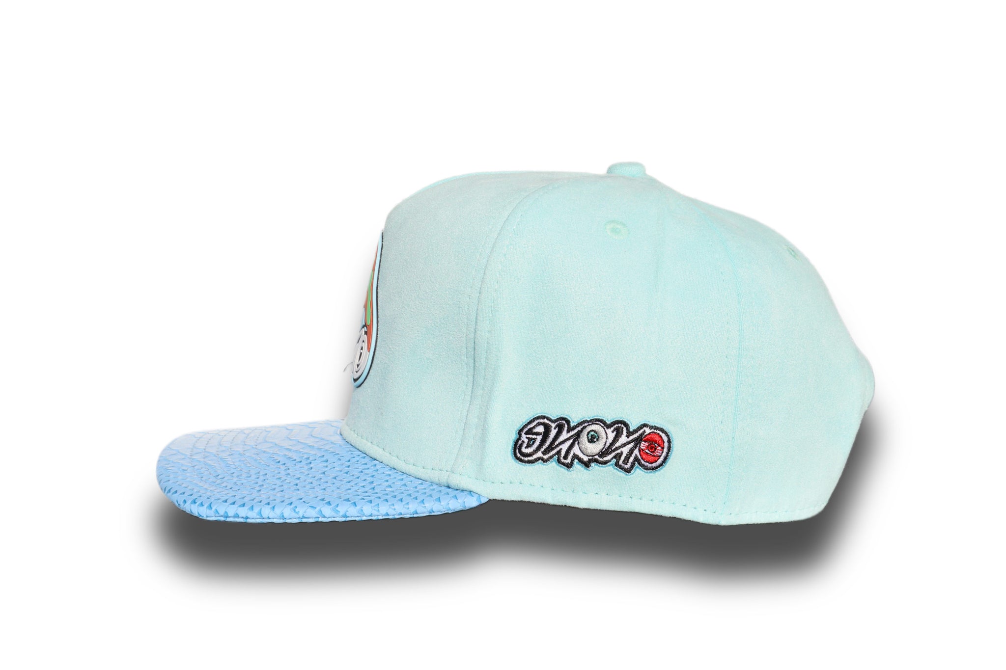 Blue suede snapback hat.