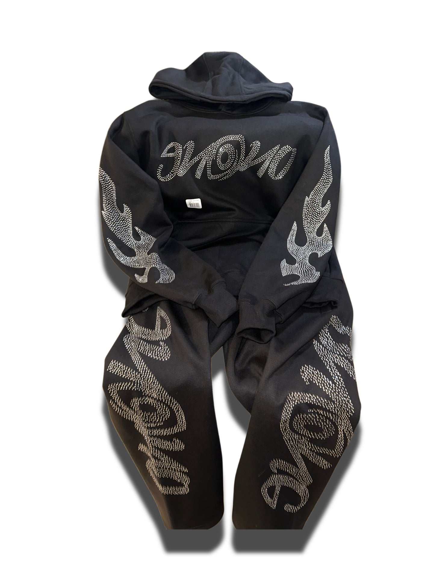 Black Enono rhinestone jumpsuit.