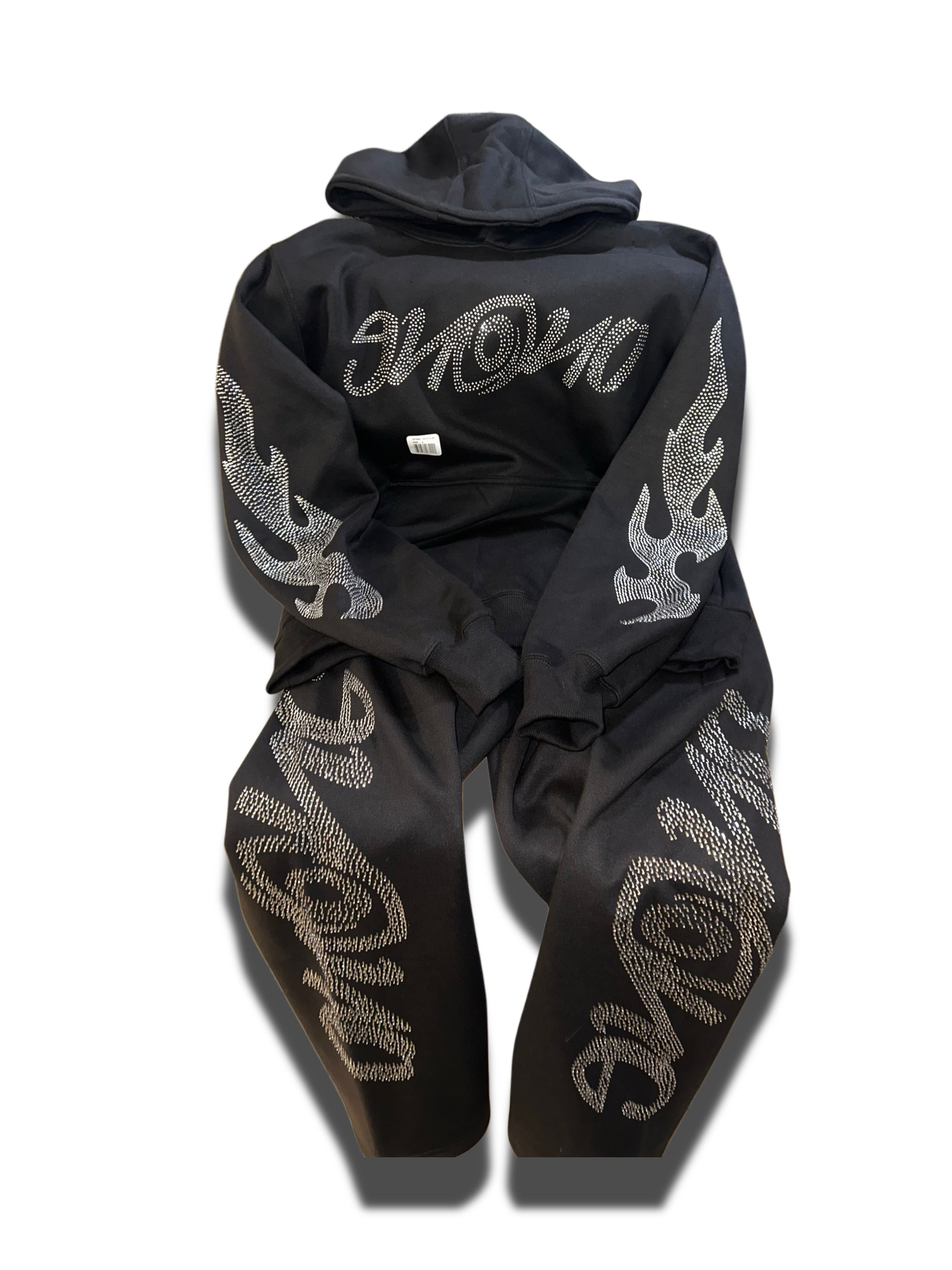 Black Enono rhinestone jumpsuit.