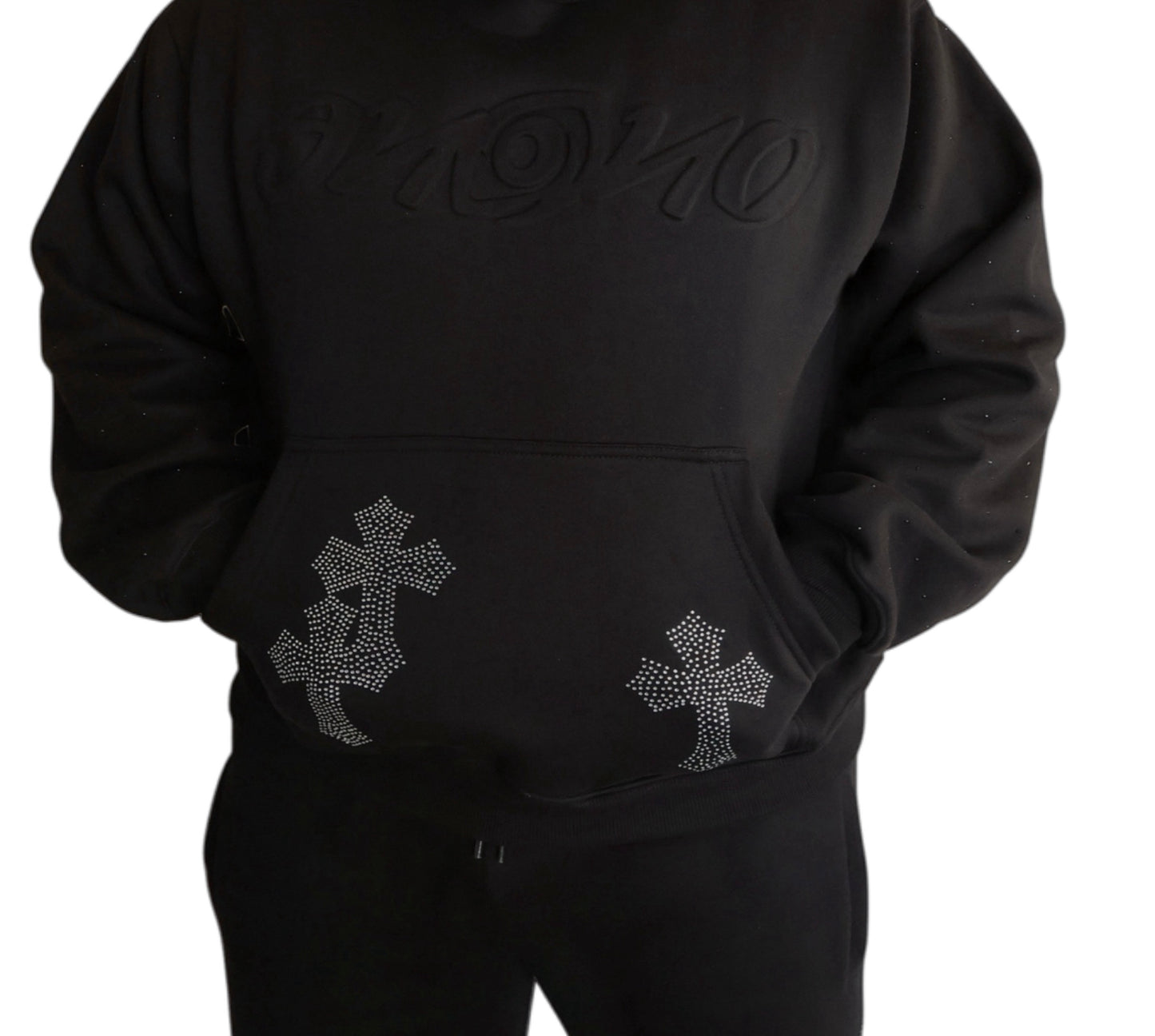 Black embossed hoodie.