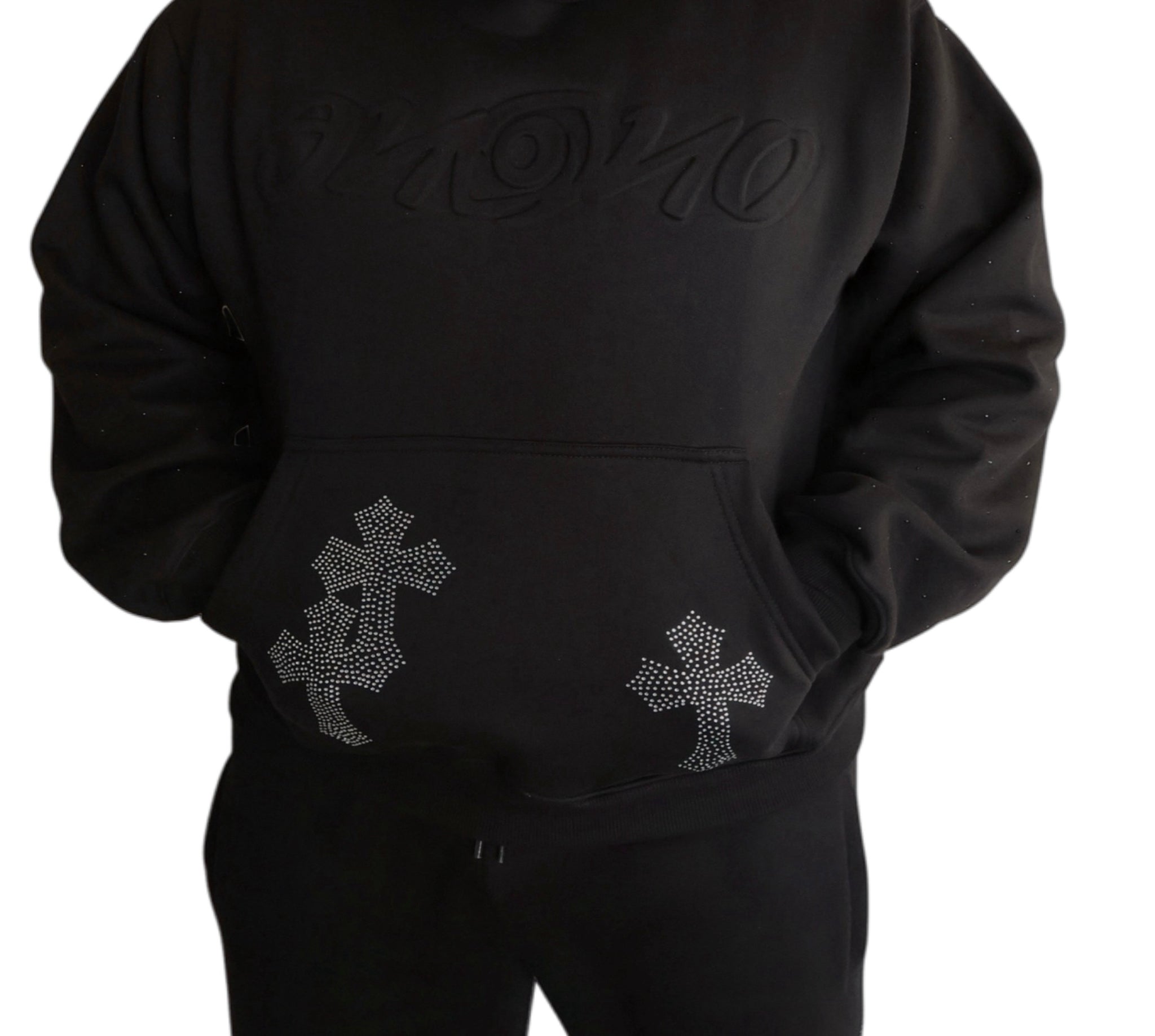 Black embossed hoodie.