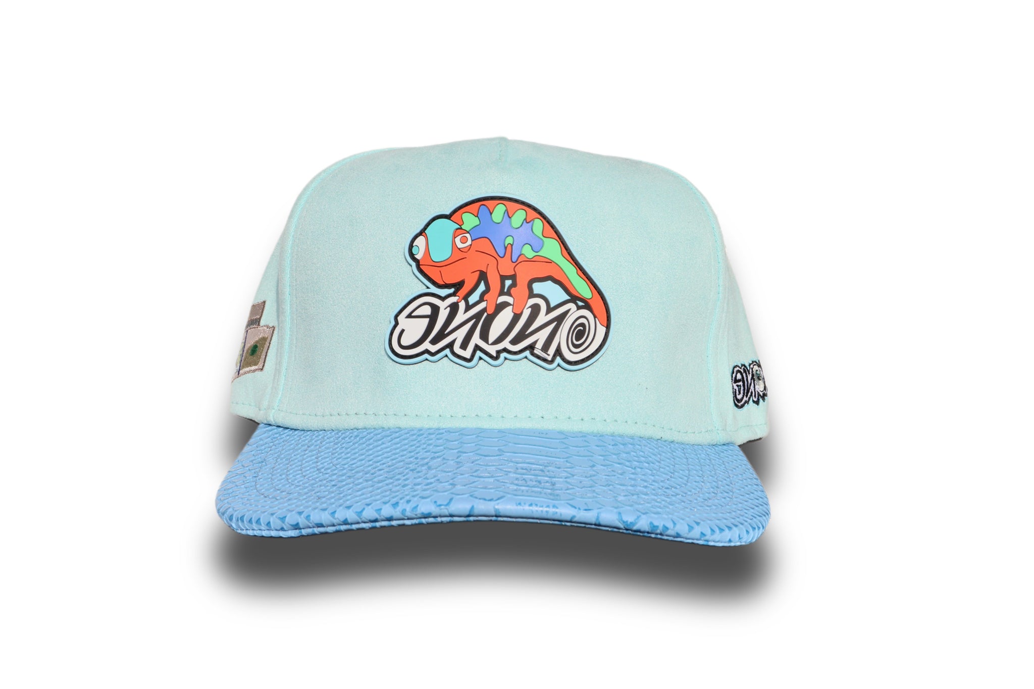 Blue suede snapback hat.